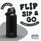 Acqua Flip Sip & Go! Double Wall Insulated Stainless Steel Water Bottle Charcoal Black 32 oz