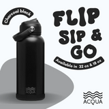 Acqua Flip Sip & Go! Double Wall Insulated Stainless Steel Water Bottle Charcoal Black 18 oz