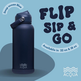 Acqua Flip Sip & Go! Double Wall Insulated Stainless Steel Water Bottle Deep Ocean Blue 32 oz