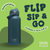 Acqua Flip Sip & Go! Double Wall Insulated Stainless Steel Water Bottle Seaweed Green 32 oz