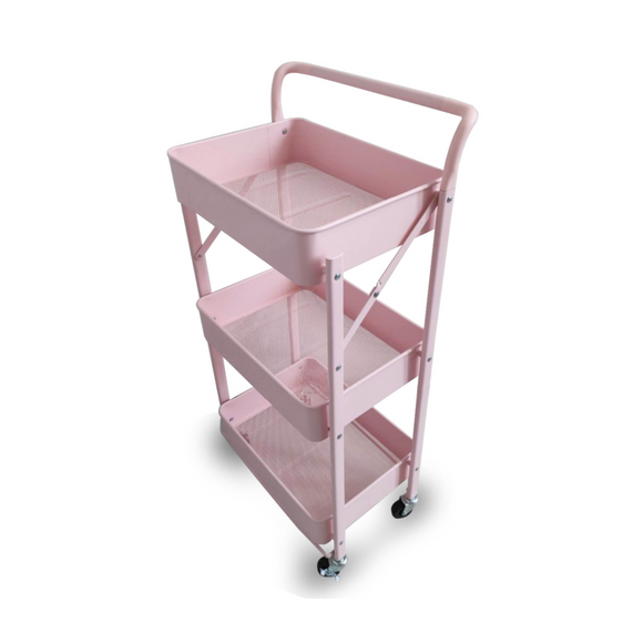 3-Tier Trolley Cart Organizer with Handle (Foldable and All Metal) - Pink
