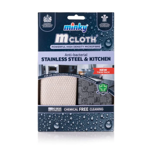 Minky M Cloth Anti-Bacterial Stainless Steel & Kitchen Cloth Set - Clean Grease/Grime, Buff Shine Surfaces