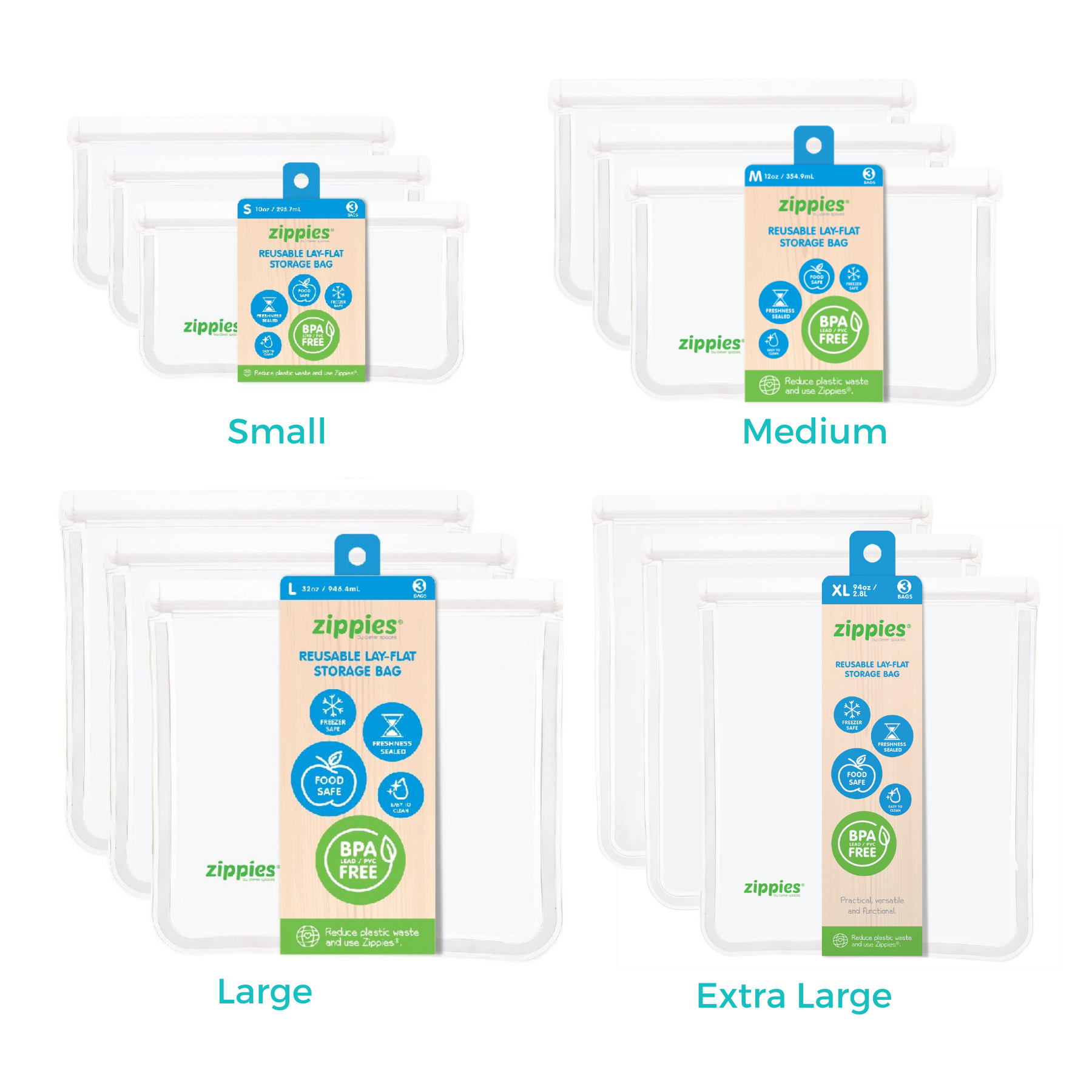 Zippies Reusable Lay Flat Storage Bags 3 Bag Set